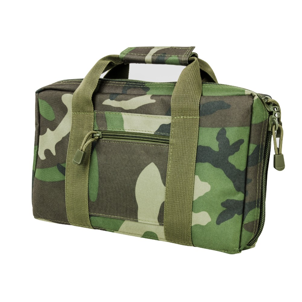 Green camouflage utility bag with handles and zipper