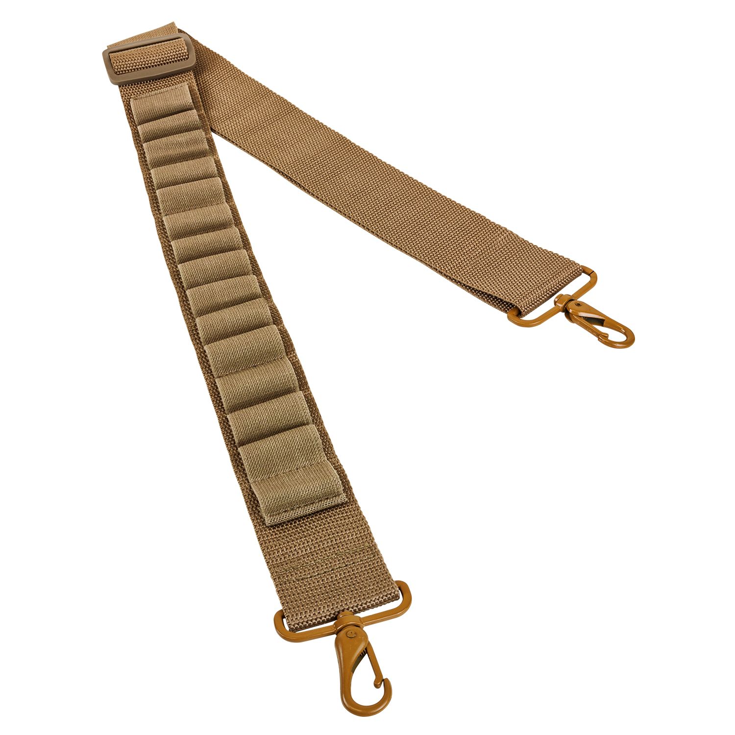Tan padded tactical shoulder strap with metal hooks