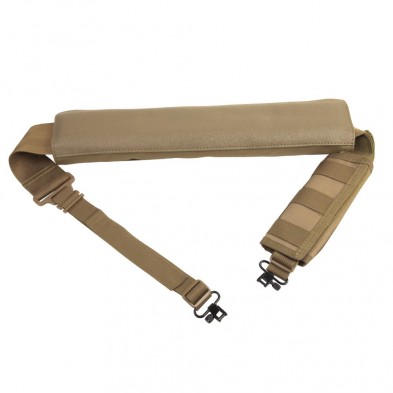 Tan padded adjustable rifle sling with clips
