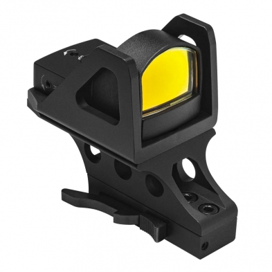 Black reflex red dot sight with yellow lens