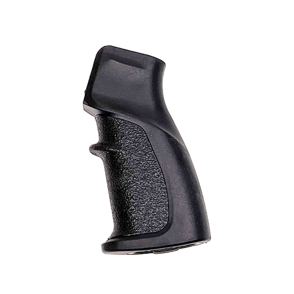 Black textured pistol grip on white background