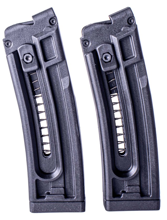 Two black pistol magazines with visible springs