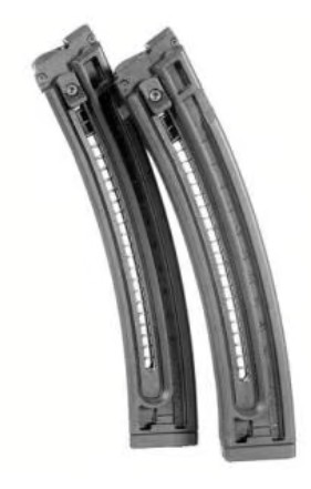 Two curved rifle magazines on white background