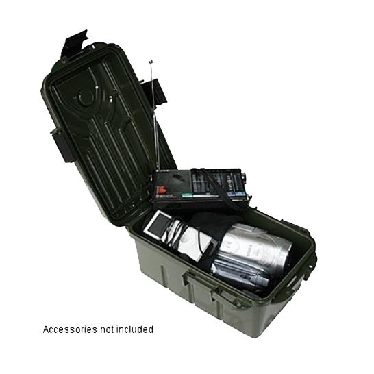 Open green equipment case with electronic devices inside
