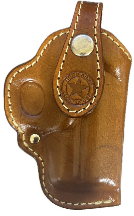 Brown leather handgun holster with snap closure