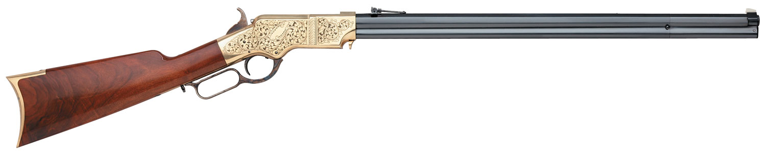 Ornate engraved lever-action double-barrel rifle
