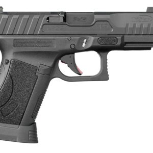 Black semi-automatic handgun on white background