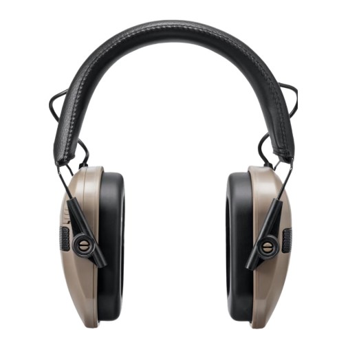 Over-ear hearing protection earmuffs on white background