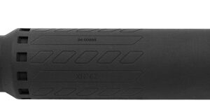 Black cylindrical firearm suppressor on white background