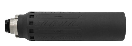 Black cylindrical firearm suppressor on white background