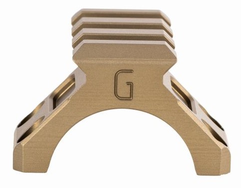 Gold anodized metal mount with engraved G