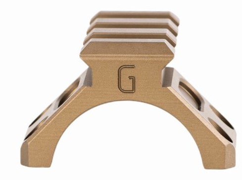 Gold anodized metal bracket with engraved G