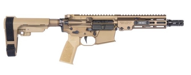 Tan AR-style pistol with stabilizing brace