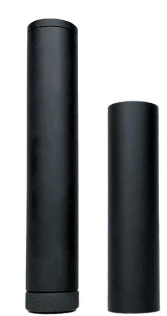 Two black cylindrical metal tubes side by side