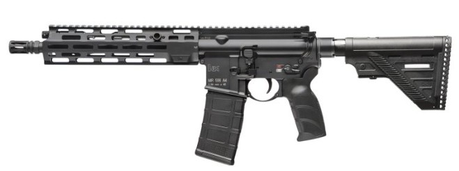 Black AR-style semi-automatic rifle on white background