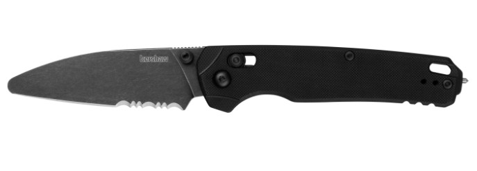 Black folding pocket knife with serrated blade