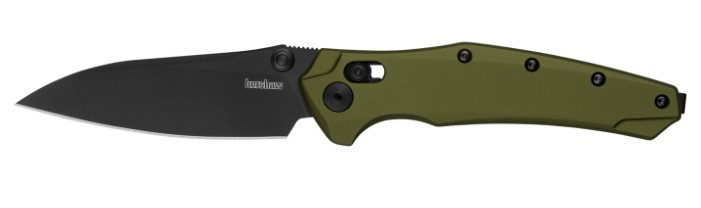Black folding knife with green handle