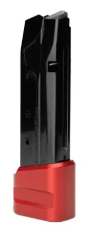 Black pistol magazine with red base plate