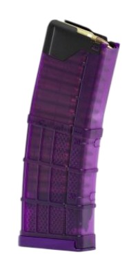 Purple translucent rifle magazine on white background