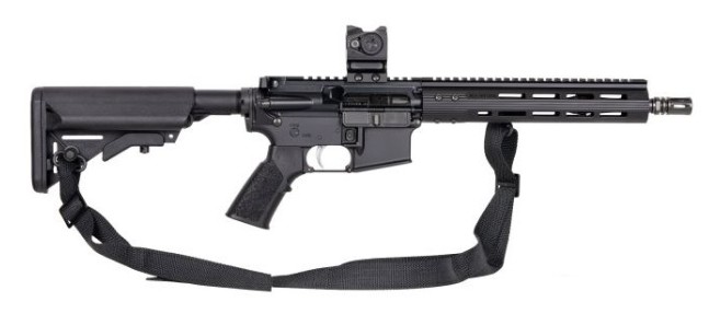 Black modern sporting rifle with sling and optic