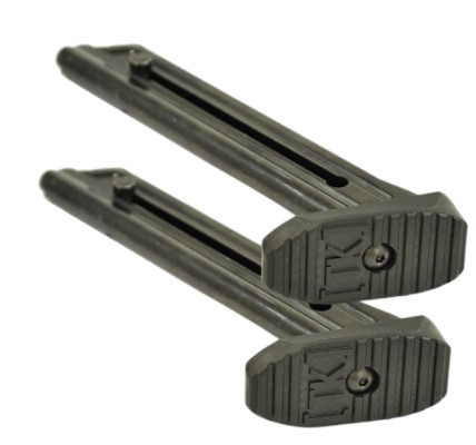 Two metal pistol magazines on white background