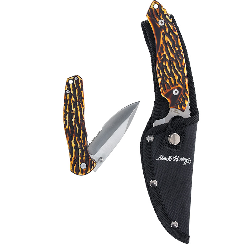 Folding knife with patterned handle and black sheath
