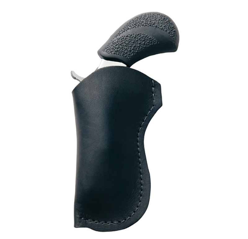 Handgun grip in black leather holster