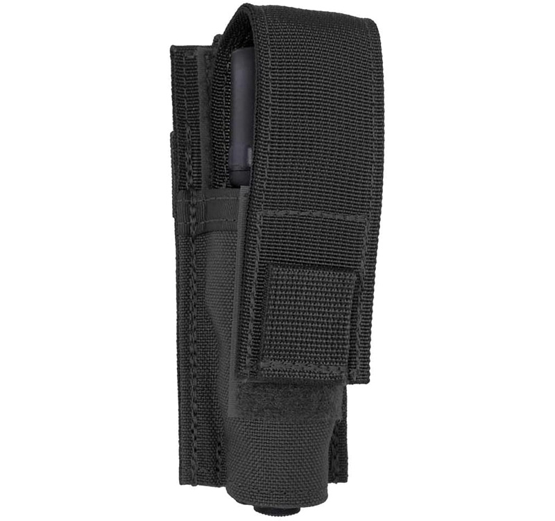 Black nylon tactical flashlight holster with Velcro flap