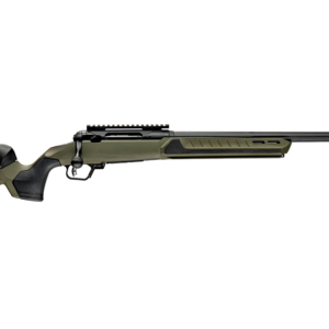 Bolt-action rifle with green stock on white background