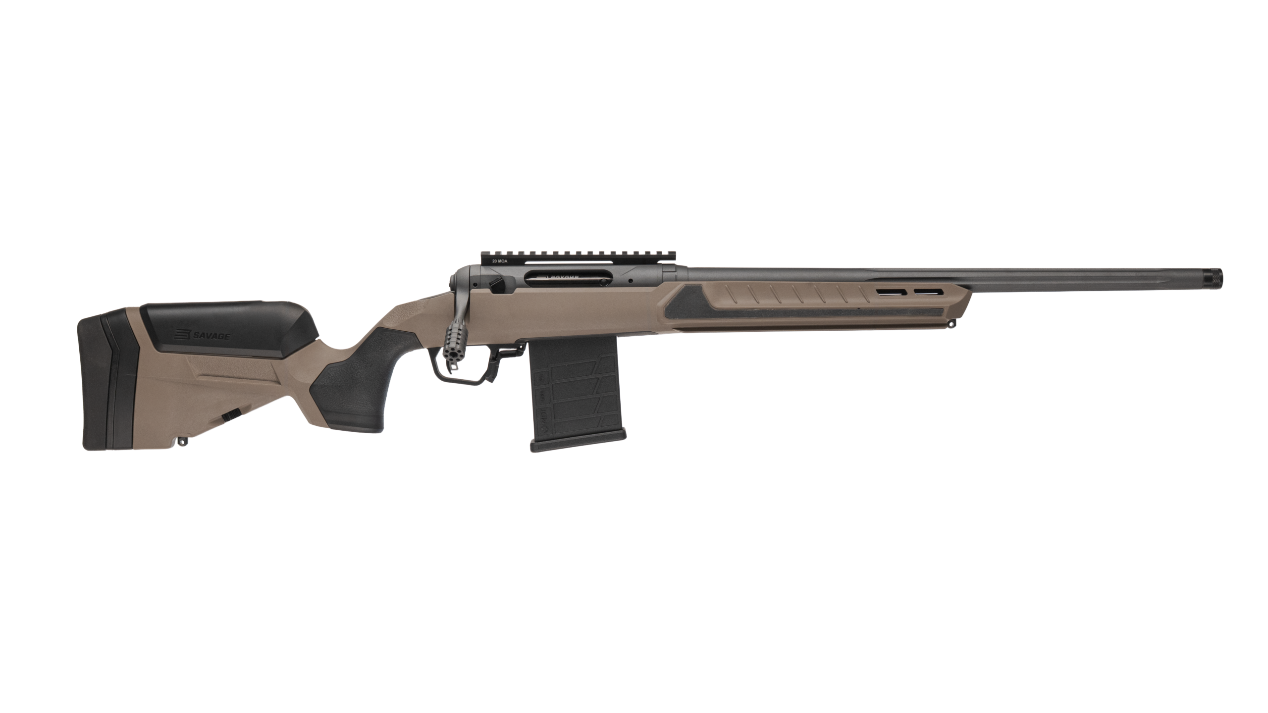Bolt-action rifle with detachable magazine on white background