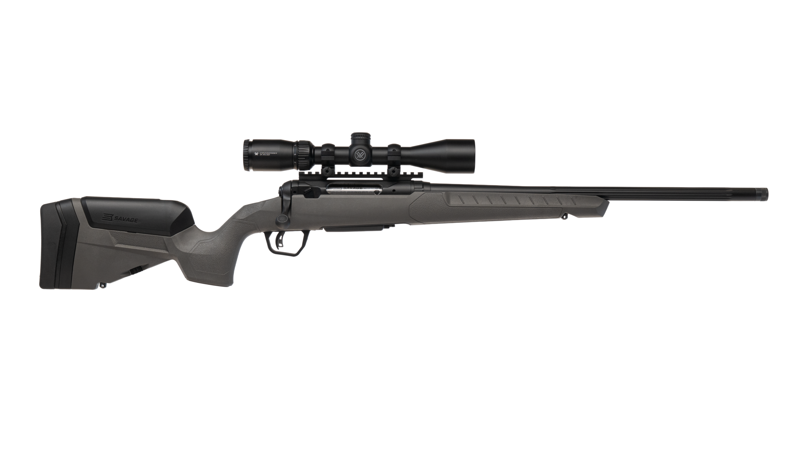 Bolt-action rifle with mounted scope on white background