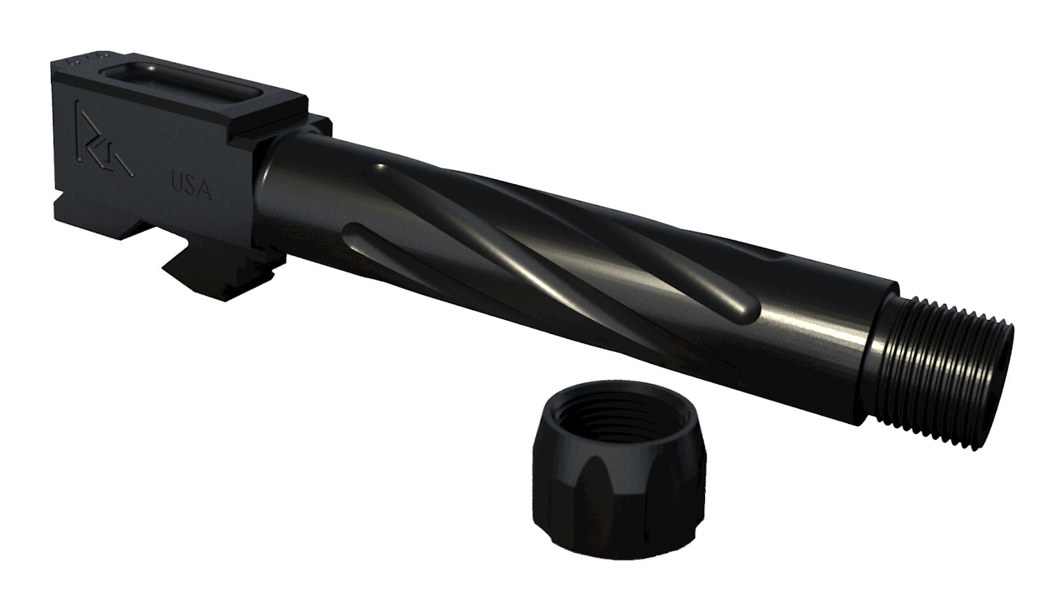 Black threaded pistol barrel with spiral flutes