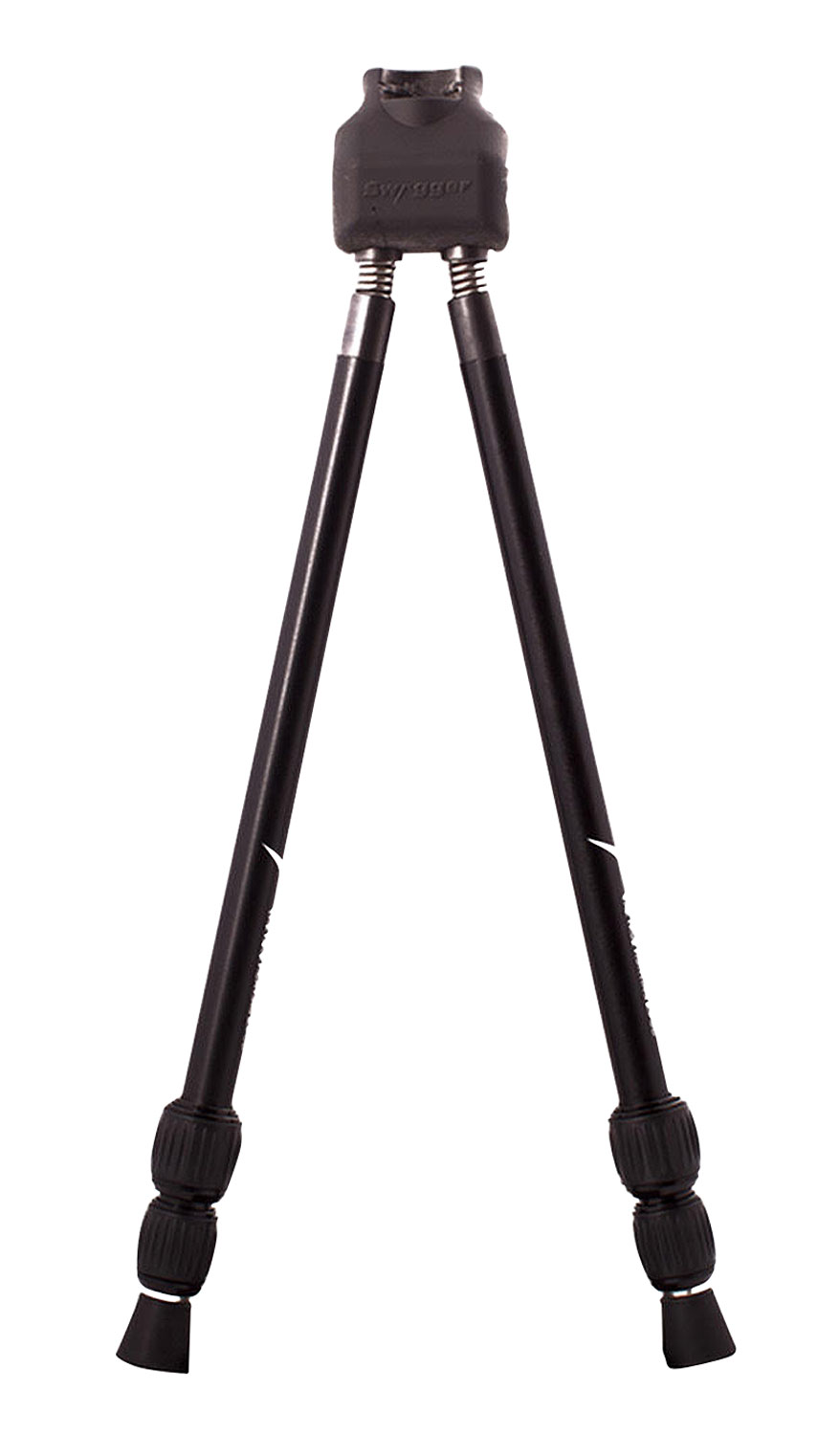 Black adjustable rifle bipod on white background