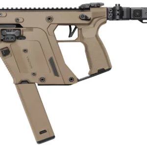 Tan KRISS Vector submachine gun with extended magazine