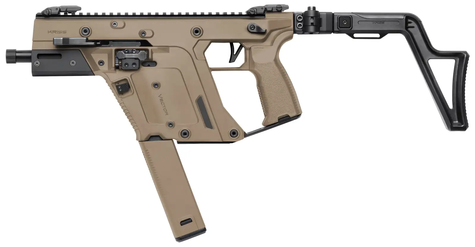 Tan KRISS Vector submachine gun with extended magazine