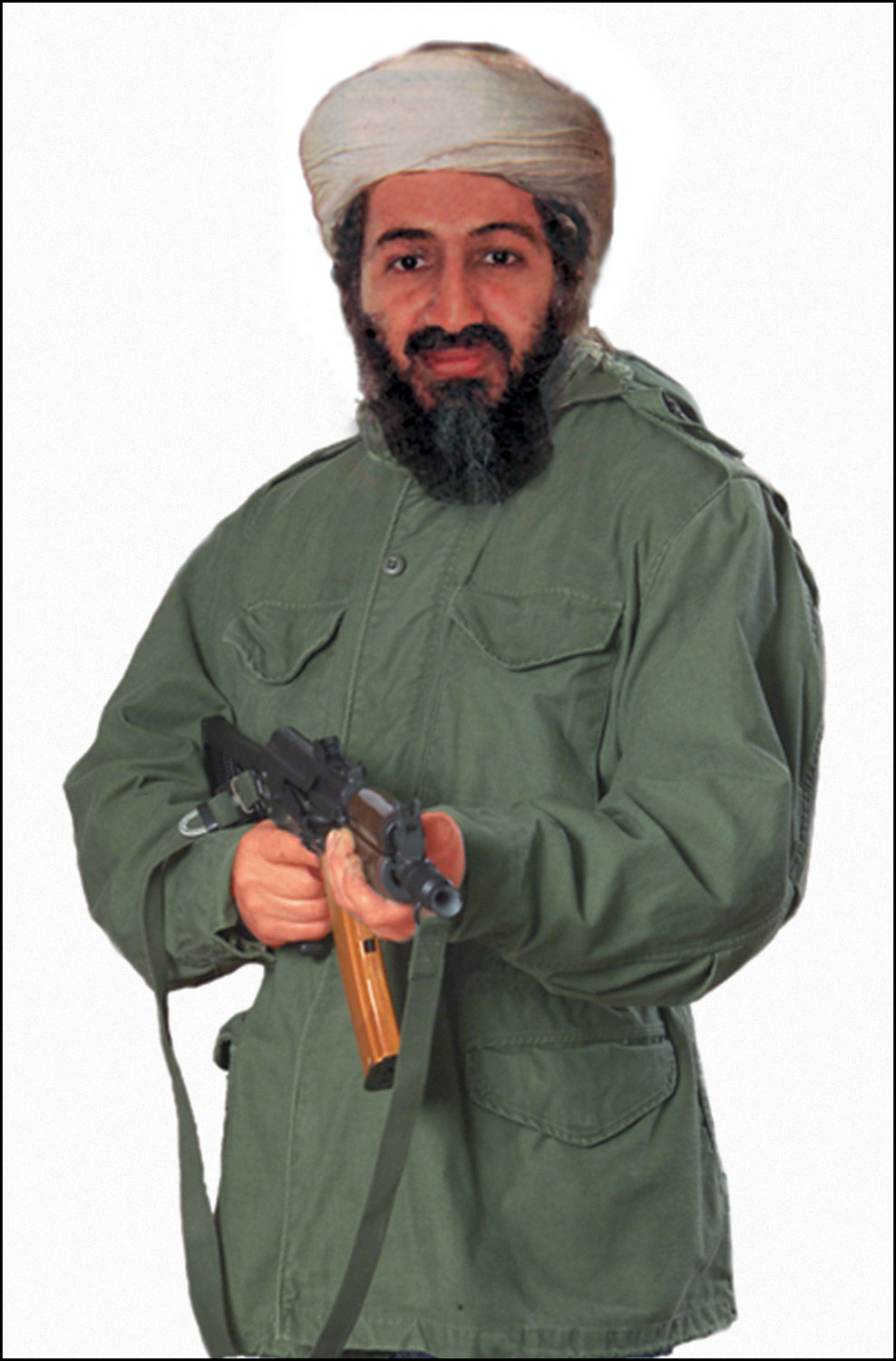 Bearded man in turban holding rifle