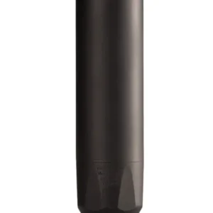 Matte black cylindrical metal suppressor on white background
