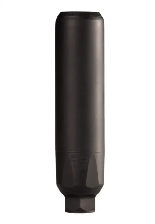 Matte black cylindrical metal suppressor on white background