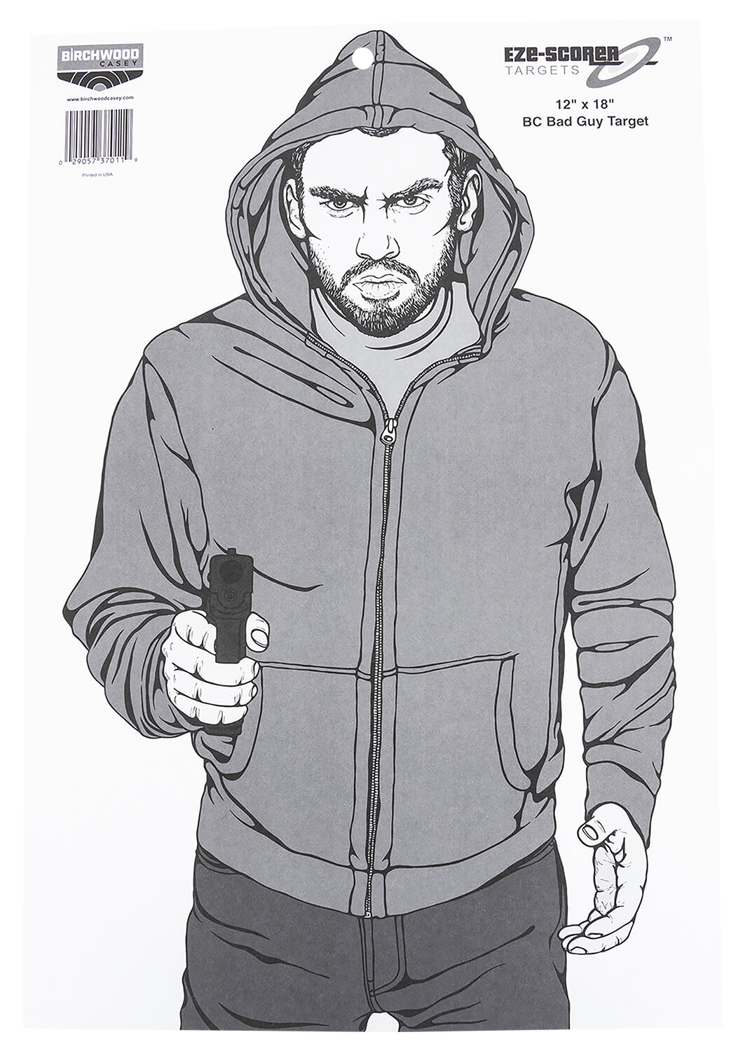 Paper shooting target with hooded man holding handgun