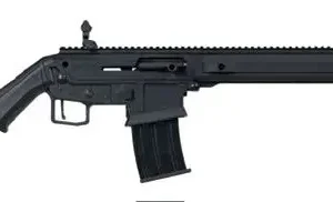 Black tactical semi-automatic shotgun on white background