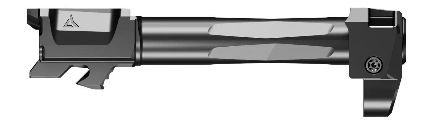 Black metal pistol barrel component