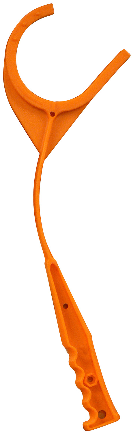 Orange plastic fruit picker tool with curved hook