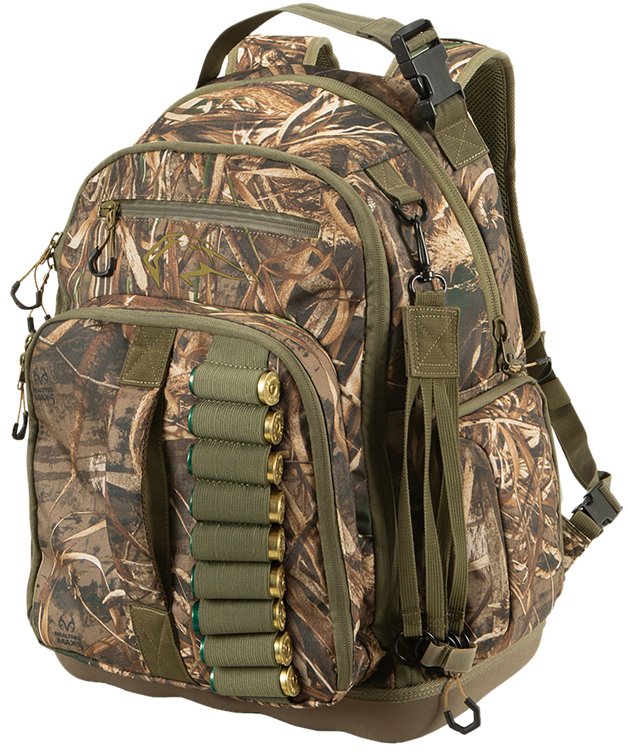 Camouflage hunting backpack with shotgun shell holders