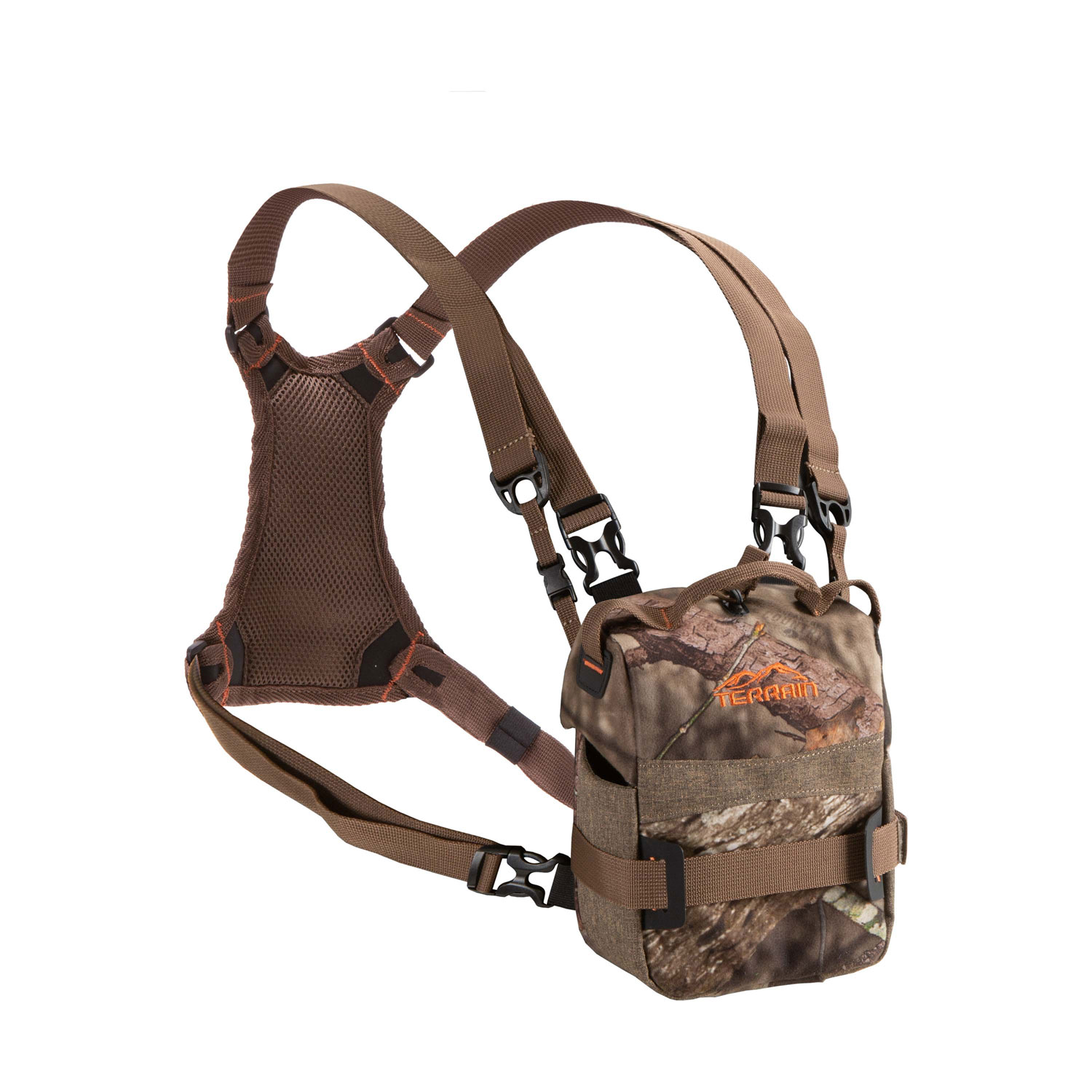 Camouflage hunting chest pack with shoulder harness