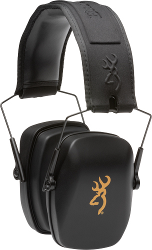Black over-ear hearing protection earmuffs with logo