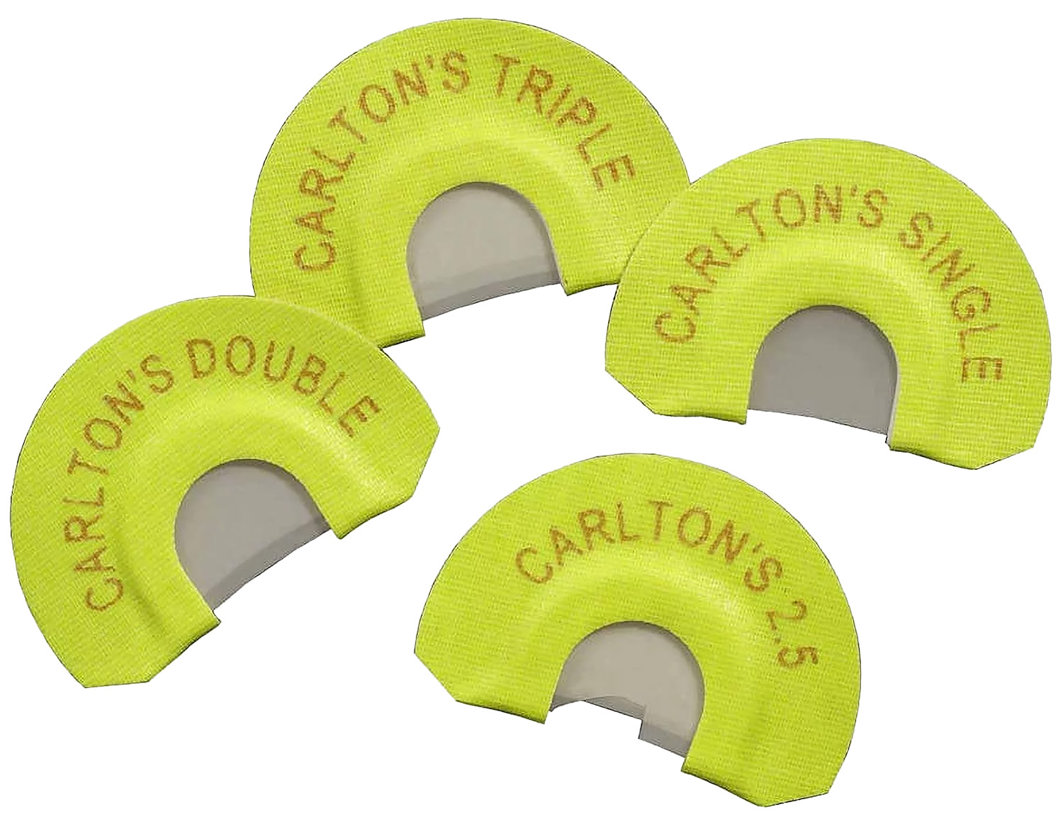Four green turkey diaphragm calls labeled Carlton’s
