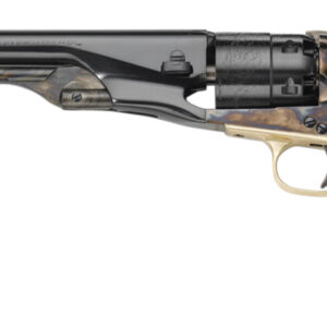 Vintage revolver with wooden grip on white background