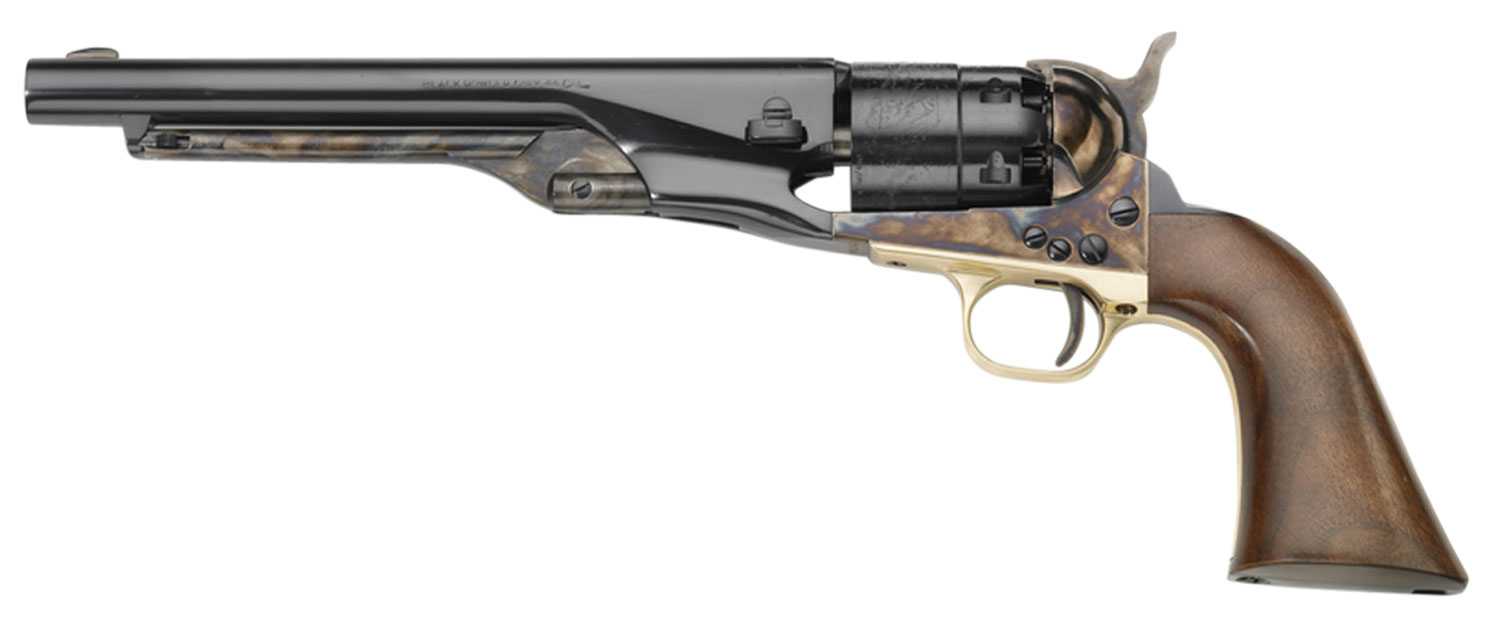 Vintage revolver with wooden grip on white background