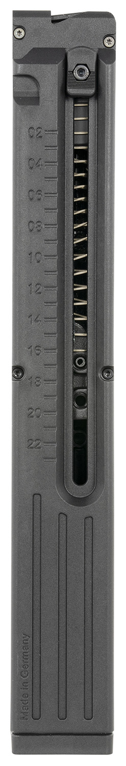 Close-up of firearm magazine with round count window