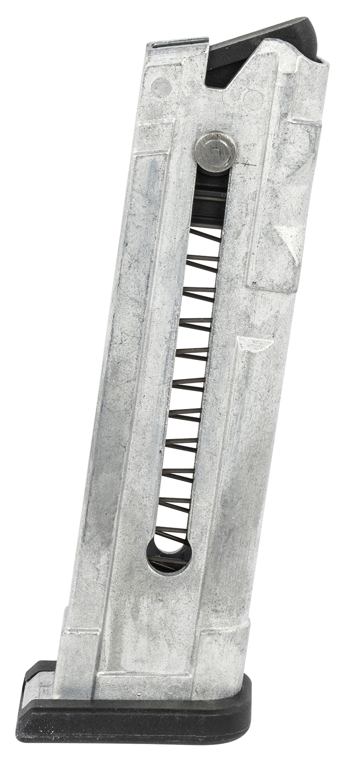 Metal handgun magazine with visible internal spring
